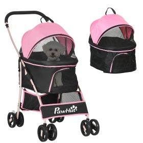 4 Wheels Pet Stroller, 3 in 1 Dog Cat Travel Folding Carrier, for Small Dogs, Detachable, w/ Brake, Canopy, Basket, Storage Bag - Pink